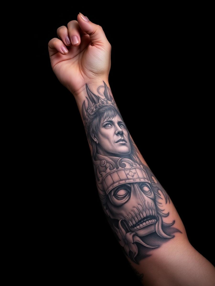 Braço tatuado em realismo preto e cinza