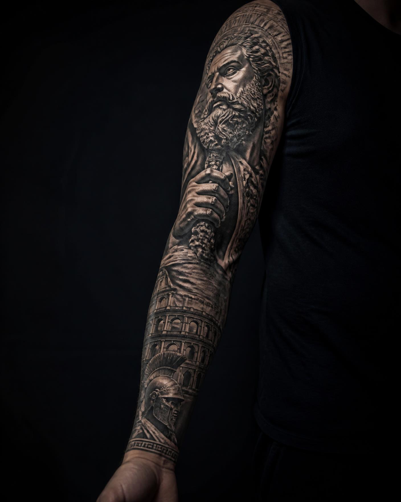 Tatuagem de realismo preto e cinza cobrindo o braço, feita por Michel Maiani no Centro do Rio de Janeiro