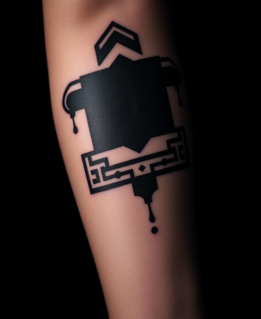 Tatuagem blackwork com áreas sólidas em preto no antebraço, feita no Centro do Rio de Janeiro